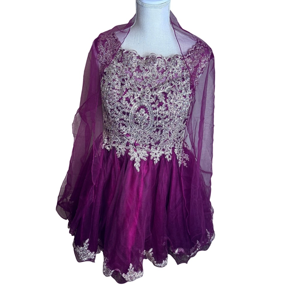Lenovia Juniors sz L Burgundy Gold Lace Rhinestone Tulle Homecoming Dress formal